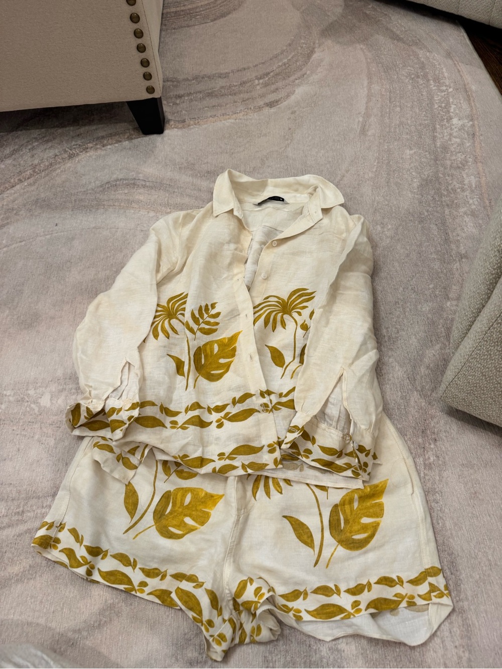 Zara cream and gold tropical print linen blend matching shirt and shorts set